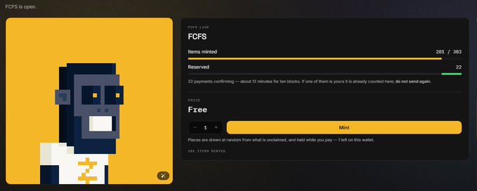 A pixel-art NFT interface displays a character with a yellow face and the text "FCFS is open," "Items minted 281/303," "Reserved 22," and a "Mint" button for a "Free" price.