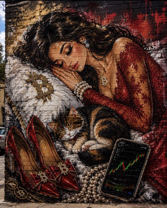 A street mural depicts a glamorous sleeping woman in a red sequined dress with cryptocurrency Bitcoin symbols, accompanied by a cat, red high heels, and a smartphone displaying a green stock/crypto chart—visually embodying the "For the culture" meme about a crypto investor's idyllic dreams of wealth.