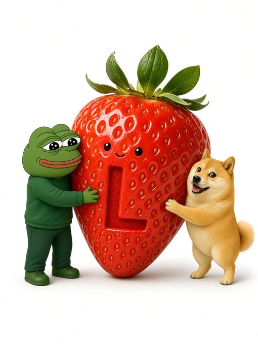 A 3D render showing a green Pepe frog character and a Shiba Inu dog embracing a giant smiling strawberry that has a letter 'L' carved into it.