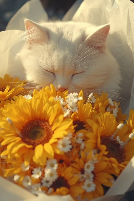 A white cat sleeps peacefully nestled in a bouquet of yellow sunflowers and small white flowers.