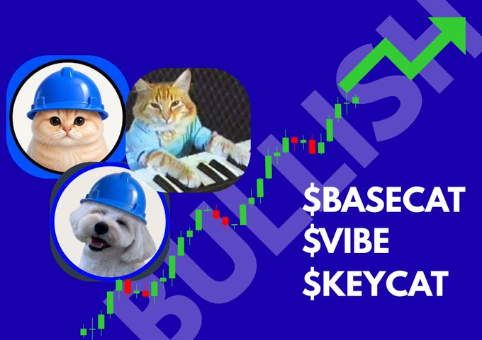 A bullish crypto advertisement featuring cats and dogs wearing blue hard hats playing a keyboard, with a candlestick chart trending upward and the tickers $BASECAT, $VIBE, and $KEYCAT.