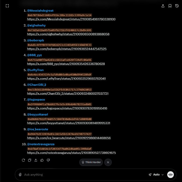 The image shows a numbered list of 10 Twitter/X usernames (including @Messiahdegreat, @sighohwhy, @boberspb, @888_yyz, and @notextravaganza) along with their wallet addresses and tweet URLs. This list corresponds to the recipients mentioned in the accompanying post, who each received 1M $CATZ tokens.