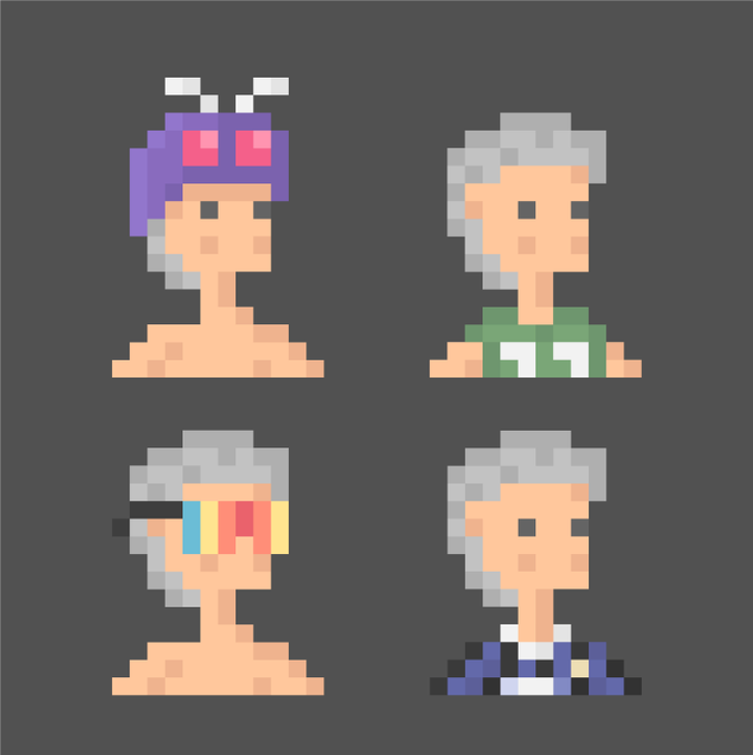 Four pixel art portraits are displayed on a dark gray background, showing a woman with different hairstyles, accessories, and clothing.
