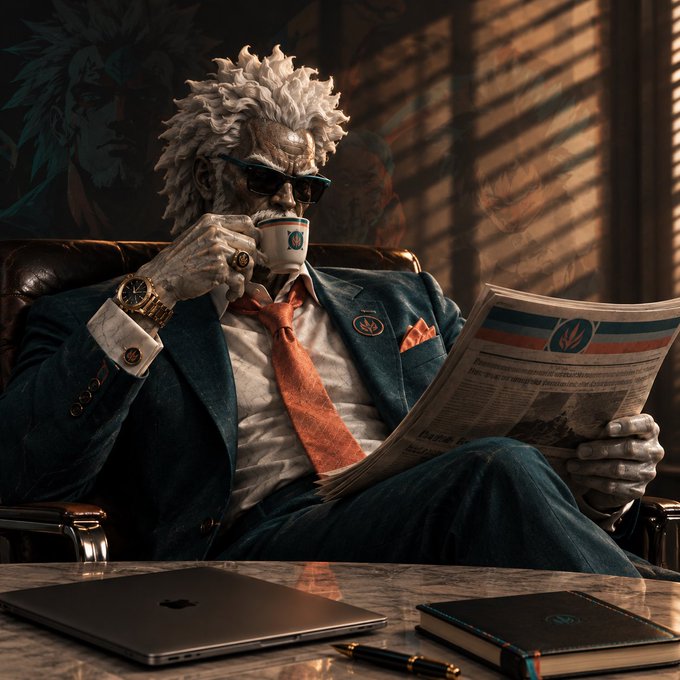 A stylized anthropomorphic character with a lion's head, wearing sunglasses, a suit, and a tie, sits in a leather chair sipping from a teacup while reading a newspaper, with a laptop on the table in front.