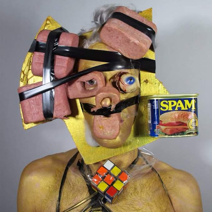 A person is shown wearing an elaborate, grotesque headpiece made of gold foil, black tape, and pink Spam-like meat blocks, with a disembodied eyeball and a protruding tongue, alongside a can labeled "SPAM" and a Rubik's cube around their neck. The bizarre assemblage reflects the chaotic, absurdist aesthetic of the "Spam Bot 2017" artwork by Kevin Abosch, which combines consumer product imagery with unsettling organic elements to evoke commentary on humanity and artificiality.