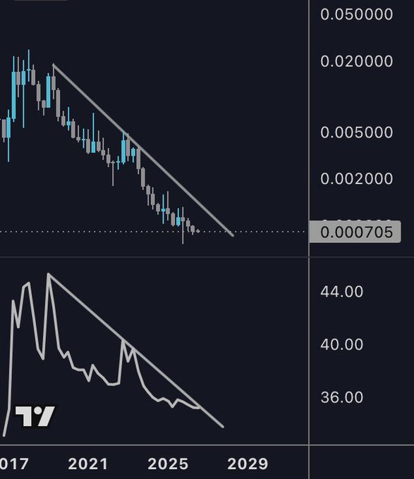 The image is a TradingView chart showing $LTC (Litecoin) on a long-term bearish trend, with price descending from highs around 0.02 in 2021 toward a critical support at 0.000705 (~$100), forming a descending wedge/triangle pattern on both price and RSI. This visualizes the post's reference to a "Nazaré wave"—a massive wave—suggesting Litecoin is coiling within a compressed descending wedge that could unleash a powerful directional move once the multi-year downtrend resolves.