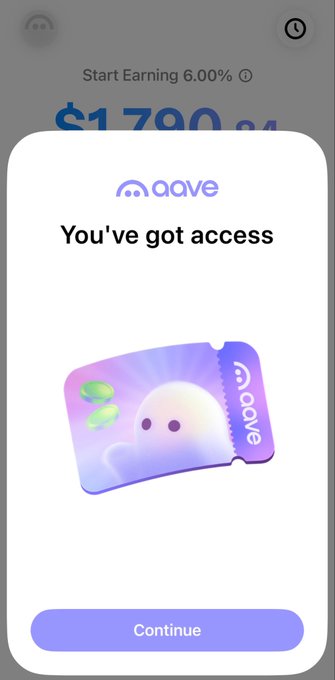 An Aave app screen confirming access with a cartoonish purple cloud character on a ticket, above a 'Continue' button.