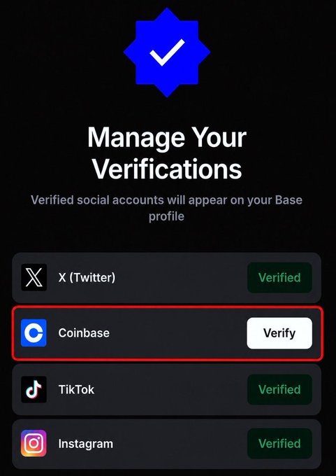 The image shows an app screen with a list of social media platforms, including Instagram, TikTok, and Twitter. The focus of this image is on the verification process for Coinbase users. The app displays a step-by-step guide on how to verify your account using these platforms. It emphasizes that if you're connected to the Coinbase ecosystem, you can easily perform a Coinbase Verification by following the provided instructions. This information is specifically tailored towards Base App users and highlights the importance of verifying your account for security purposes.