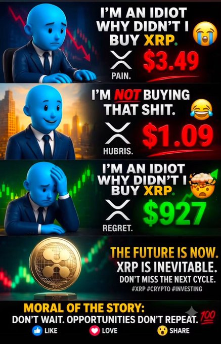 A four-panel meme features a blue character lamenting missed opportunities to buy XRP at $3.49, refusing at $1.09, and regretting at $927, concluding with the message "THE FUTURE IS NOW. XRP IS INEVITABLE. DON'T MISS THE NEXT CYCLE."