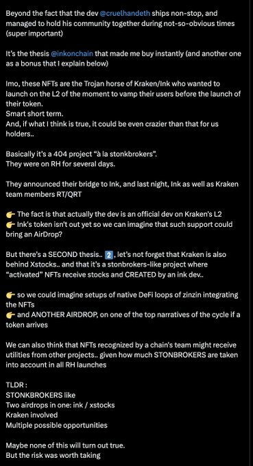 A screenshot of a crypto Twitter thread analyzing $INK, $XSTOCKS, and Kraken, with the author outlining a thesis on the Quotrons404 NFT collection being linked to potential Kraken airdrops, mentioning developers @cruelhandeth and @inkonchain, and listing multiple possible opportunities across RH launches and DeFi integrations.