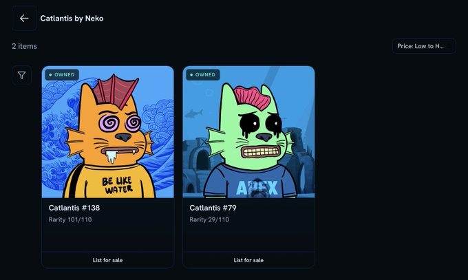 A digital interface for "Catllantis by Neko" displays two NFT items, "Catllantis #138" with a rarity of 101/110 and "Catllantis #79" with a rarity of 29/110, both marked as "OWNED".
