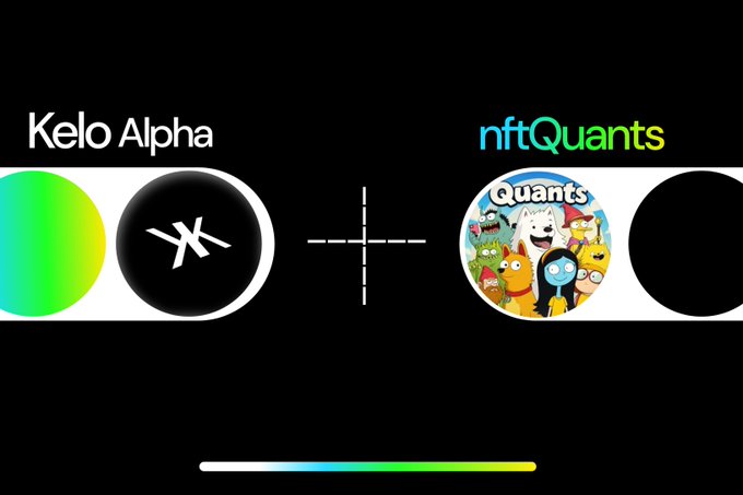 A black banner displaying the logos 'Kelo Alpha' and 'nftQuants' separated by a plus sign, with a green-to-yellow gradient bar at the bottom.