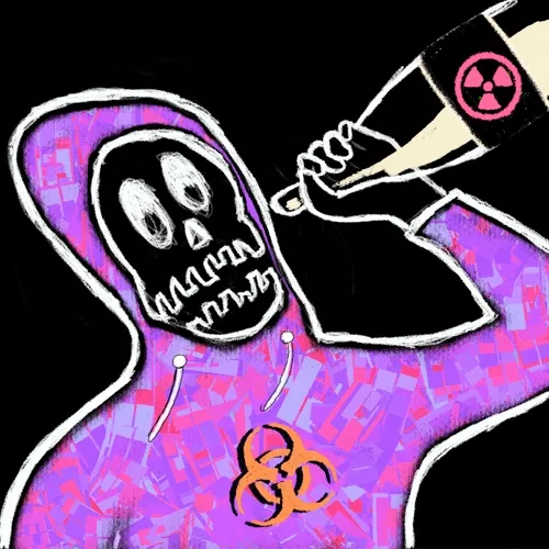 A variation of the grim reaper drawing, this one wearing a purple patterned robe and wielding a knife marked with a pink radioactive symbol, featuring a biohazard emblem on its chest.