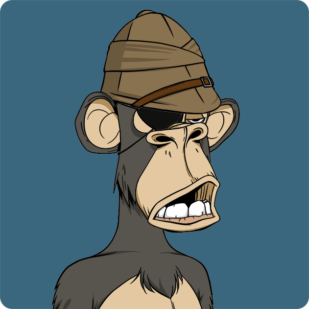 A digital illustration of a Bored Ape-style NFT character wearing a brown aviator cap and sunglasses, displaying a grimacing expression against a teal background.