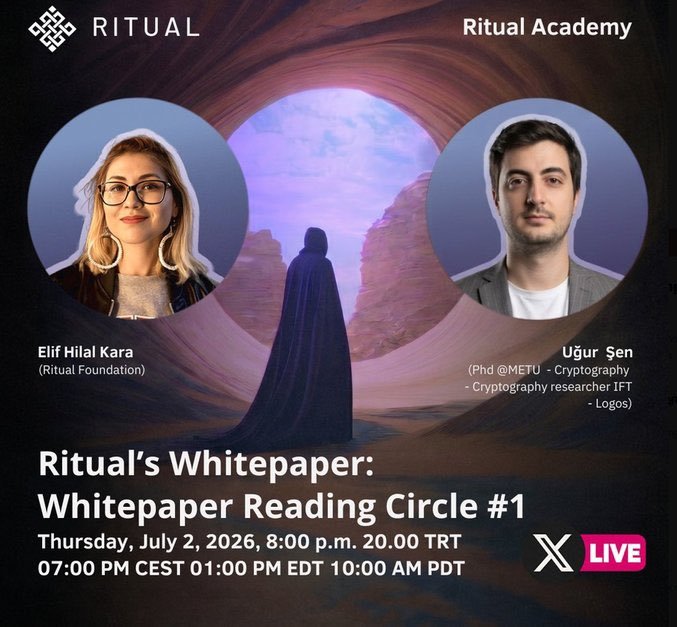 Promotional graphic for 'Ritual Academy - Ritual's Whitepaper: Whitepaper Reading Circle #1' featuring Elif Hilal Kara and Uğur Şen, scheduled for Thursday, July 2, 2026 at 8:00 p.m. TRT on X LIVE.