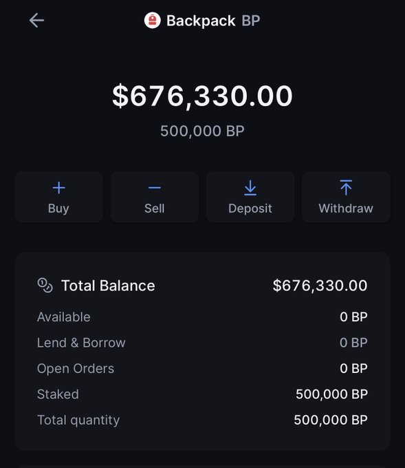 A mobile screenshot of the Backpack BP token page showing a total balance of $676,330.00 for 500,000 BP, with 500,000 BP fully staked and 0 BP available—directly illustrating the poster's position of holding 500k staked BP tokens and considering whether to unstake and sell.