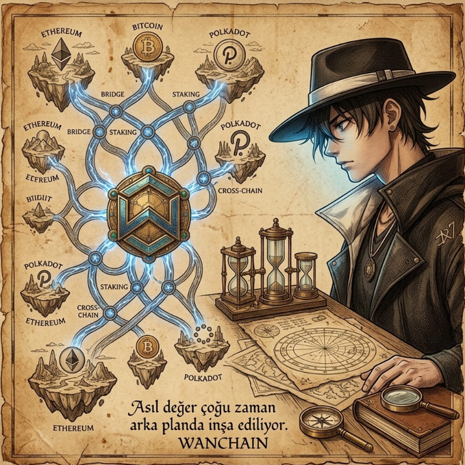The illustration features a dark-haired figure in a wide-brimmed hat beside a glowing network diagram of floating islands labeled "ETHEREUM," "BITCOIN," and "POLKADOT," interconnected by a central "WANCHAIN" hub with pathways marked "BRIDGE," "STAKING," and "CROSS-CHAIN." Turkish text at the bottom reads "Asıl değer çoğu zaman arka planda inşa ediliyor" ("Real value is often built in the background"), reinforcing the post's theme of Wanchain's quiet but essential role in connecting fragmented blockchain networks.