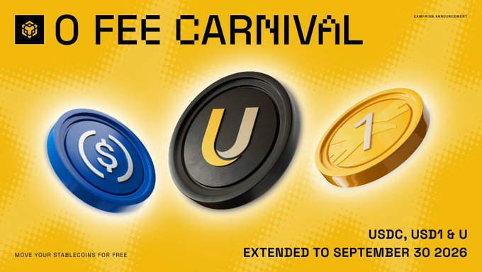 Campaign announcement for '0 Fee Carnival' promoting free stablecoin transfers for USDC, USD1 & U, with the offer extended to September 30, 2026, showing three coin tokens.