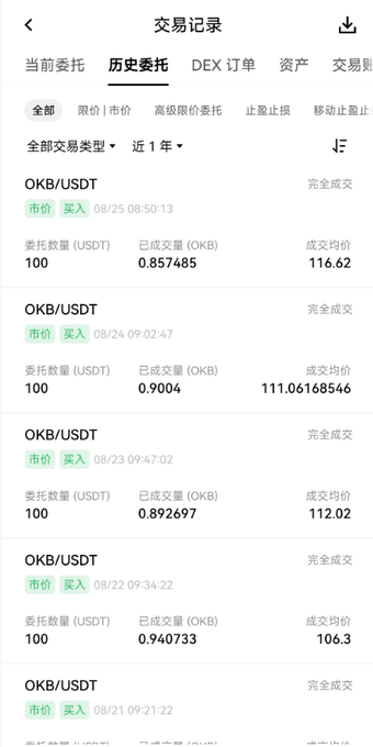 A mobile screenshot of a Chinese-language cryptocurrency exchange transaction history showing multiple 'OKB/USDT' buy orders at market price, with quantities around 0.85-0.94 OKB purchased for 100 USDT each.