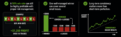 An infographic illustrating three principles of trading success: a 50% win rate generating over $1,250 profit across 10 trades with $500 winners and $250 losses, one well-managed winner of +$500 covering four losses of -$100 each, and a chart showing that long-term consistency builds wealth over short-term perfection.