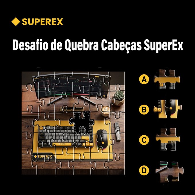 A SuperEx puzzle challenge titled 'Desafio de Quebra Cabeças SuperEx' showing a puzzle image of a desk with a keyboard and a monitor, with four puzzle piece options A, B, C, and D on the right.