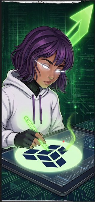 Anime-style illustration of a purple-haired character with glowing eyes writing on a digital tablet displaying a crypto wallet logo, set against a green circuit board background with a glowing Bitget arrow.