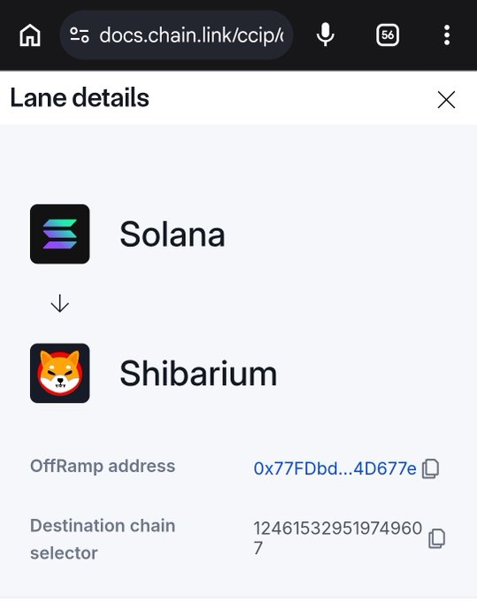 The image displays "Lane details" from docs.chain.link, showing a path from Solana to Shibarium with an OffRamp address of "0x77FDbd...4D677e". This aligns with the post's mention of moving to Shibarium, highlighting the technical infrastructure for such a transfer.