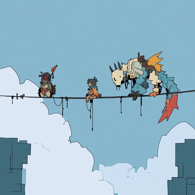 Illustrated scene depicting three characters traversing a thin wire between large cloud formations above a city.