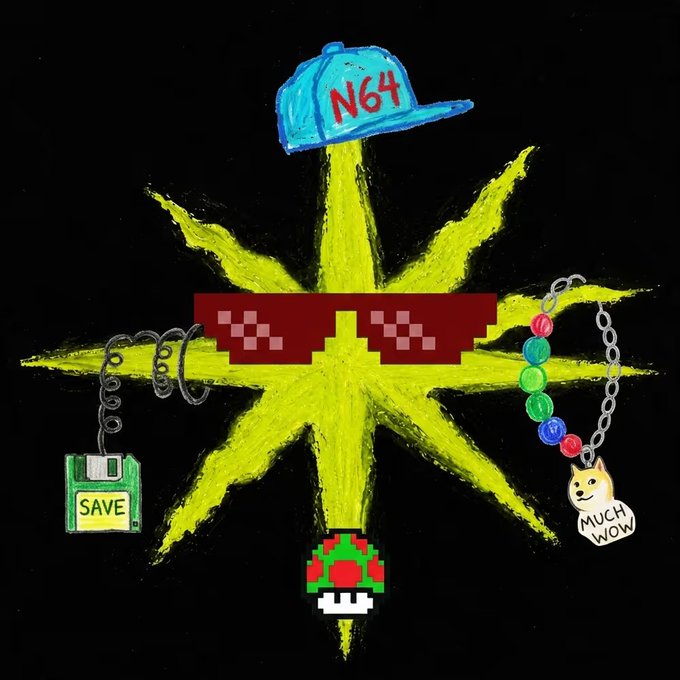 A colorful collage-style illustration on a black background features a yellow cannabis leaf surrounded by a blue cap reading 'N64', pixelated red sunglasses, a green floppy disk labeled 'SAVE', a pixelated red-and-green mushroom, and a doge charm labeled 'MUCH WOW' on a beaded chain.