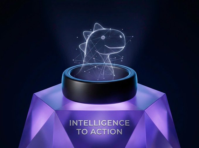 A 3D-rendered graphic featuring a wireframe hologram of a creature emerging from a black circular base atop a purple geometric pedestal, with the text 'INTELLIGENCE TO ACTION' displayed on the front.