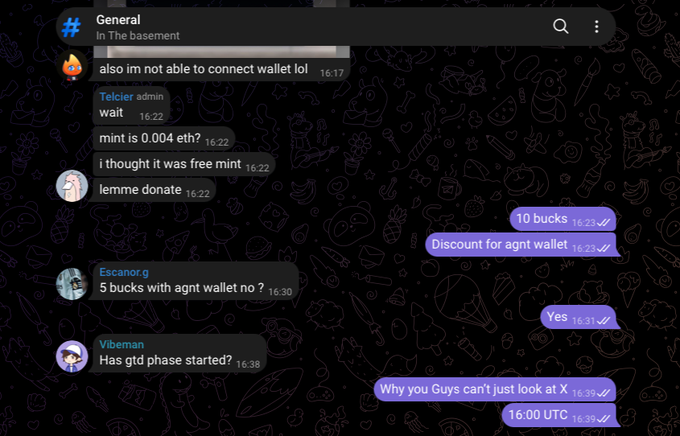 A Telegram group chat in 'General' channel where users discuss minting issues, with messages about connecting wallets, mint being 0.004 ETH, and a GTD phase starting at 16:00 UTC, with messages marked 'sent'.