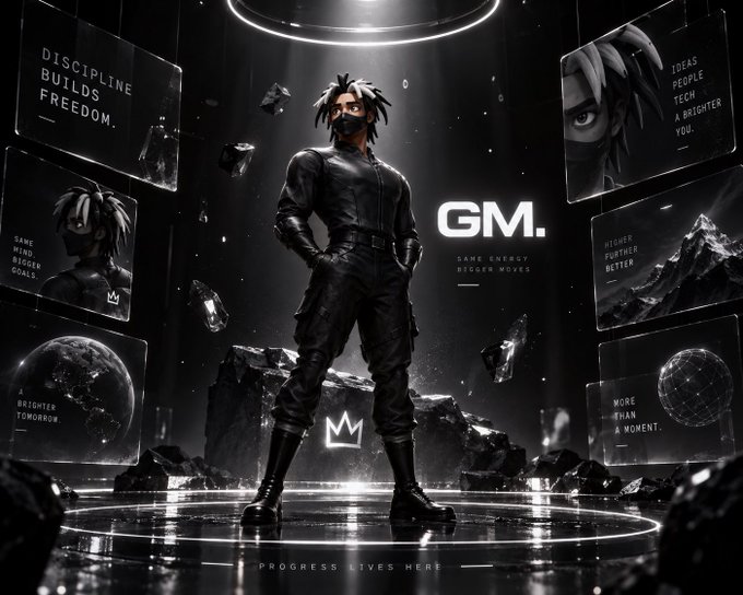 A dark, monochromatic graphic featuring an anime-style character in black tactical gear standing in a futuristic room with floating screens displaying motivational phrases like 'DISCIPLINE BUILDS FREEDOM' and the letters 'GM.' prominently.