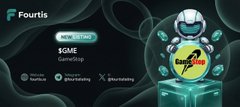 The image promotes a "Pump Alert" for the token $GME (ticker: GameStop), celebrating a 100% increase in market cap since its listing on the Fourtis exchange, with figures shown going from $1.5M to $3.1M alongside an astronaut graphic.