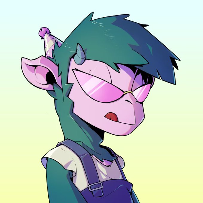 An anime-style illustration of a character with dark teal hair, small horns, pink-tinted glasses, and overalls, appearing annoyed or exasperated.