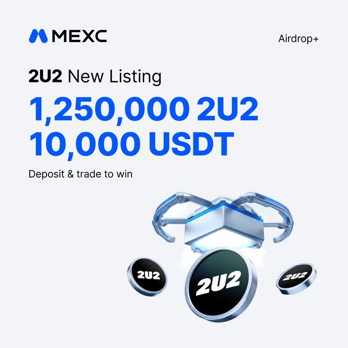 MEXC exchange announces a new Airdrop+ event for $2U2 (2U2 token), offering a share prize pool of 1,250,000 2U2 and 10,000 USDT for users who deposit and trade during the event period. The promotional image features MEXC's logo alongside 3D renderings of branded 2U2 medallions, aligning with the campaign's "Deposit & trade to win" call-to-action.