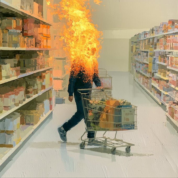 A painterly image shows a figure with their head engulfed in flames pushing a shopping cart filled with groceries down a supermarket aisle. The artwork's title "groceries" matches the post, as the artist shares their surreal piece about an ordinary errand gone combustion-heavy, now housed in the @sjf_keef collection.