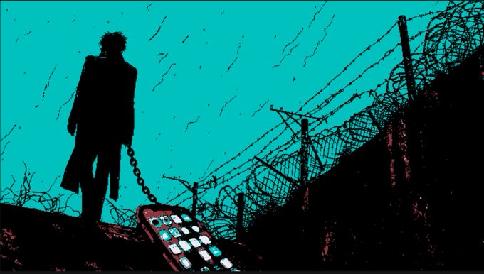 A stylized cyan and black illustration of a silhouetted figure standing near a barbed wire fence, holding a phone attached by a chain to their wrist.