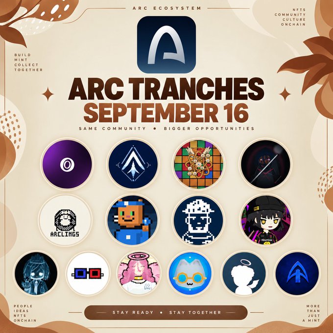 Promotional poster for 'ARC TRANCHES SEPTEMBER 16' under the ARC ECOSYSTEM banner, showcasing a grid of 12 circular NFT avatars with the tagline 'BUILD MINT COLLECT TOGETHER'.