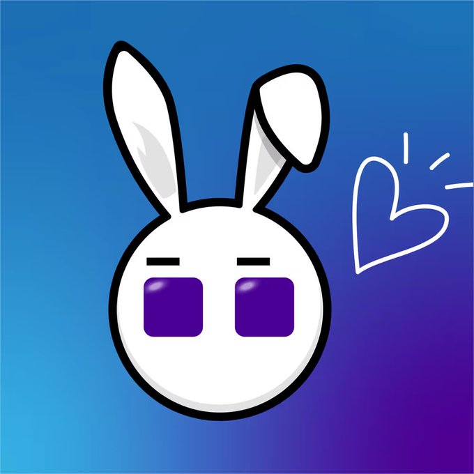 A cartoon white rabbit head with purple square sunglasses against a blue gradient background, with a hand-drawn heart to the right.