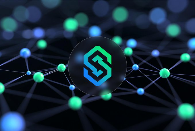 A cryptocurrency logo featuring a stylized 'S' in teal and blue colors on a black background, surrounded by a network of glowing green and blue nodes connected by lines.