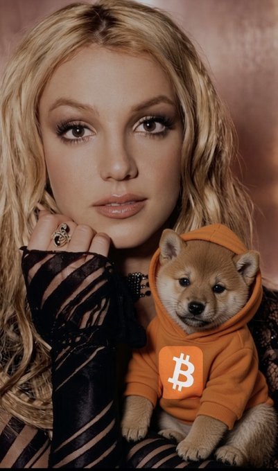 A blonde woman posing alongside a Shiba Inu dog wearing an orange hoodie featuring a Bitcoin logo.