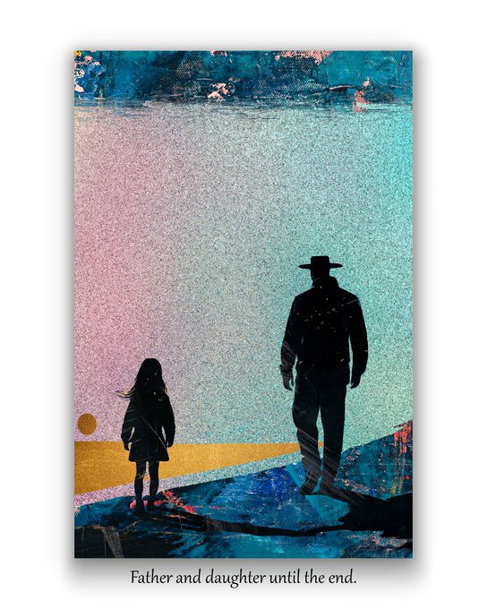 The image features a father and daughter standing together, with the father holding his daughter's hand as they gaze into the distance. The background of the painting has a blue sky and clouds, creating an impressionistic style that adds depth and dimension to the scene. The caption below the painting reads "Father and daughter until the end".