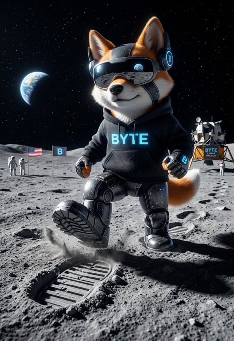 An anthropomorphic Shiba Inu dog in a hoodie labeled 'BYTE' and headphones walks on the moon's surface, leaving a footprint, with Earth visible in the background and a small American flag nearby.