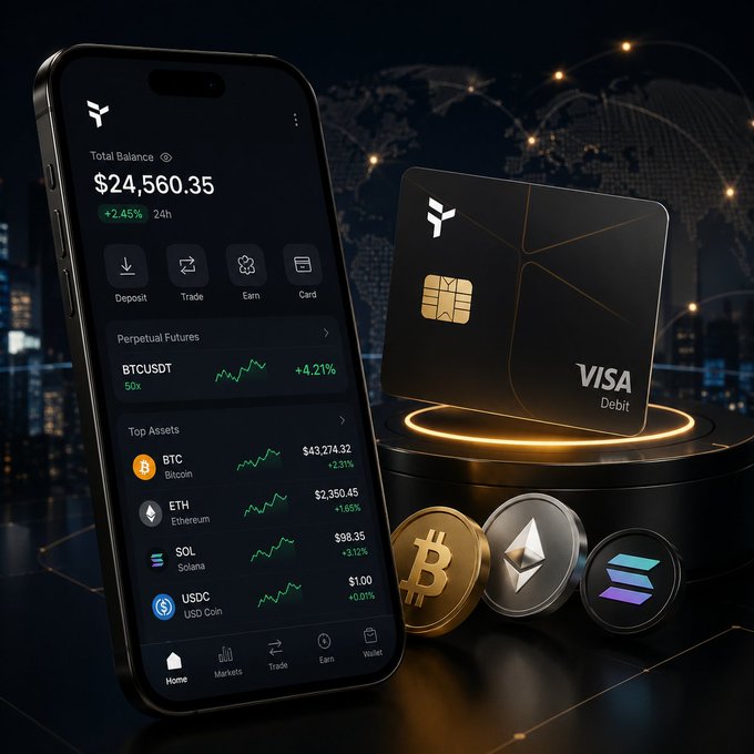 A promotional image showing a crypto trading app with a total balance of $24,560.35 alongside a black Visa debit card and Bitcoin, Ethereum, and Solana cryptocurrency coins.