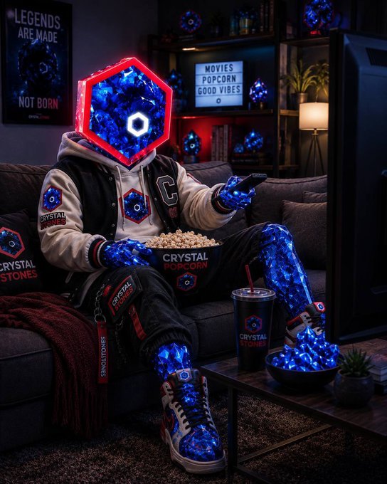 The image depicts a futuristic, crystal-themed humanoid figure lounging on a couch, surrounded by popcorn, soda, and signage reading "CRYSTAL STONES," "MOVIES POPCORN GOOD VIBES," and "LEGENDS ARE MADE NOT BORN." This surreal, branded scene visually reinforces the post's hype for the $CrystalStones token, symbolizing the project's "diamond hands" energy and the idea that early believers are now watching the rest of the market catch on as volume rises and candles turn green.