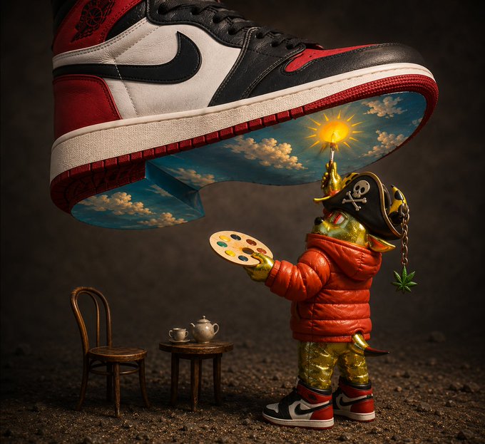 A creative miniature scene featuring a small character dressed as a pirate painter holding a palette, standing under a giant floating Air Jordan 1 sneaker with a sky painted on its sole.