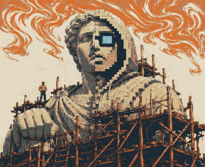 A pixel-art style illustration of a large classical stone statue being constructed with wooden beams and scaffolding, featuring one worker standing on the structure.