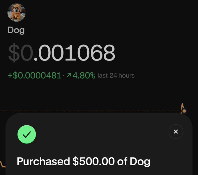 A screenshot of a cryptocurrency app showing a purchase of $500.00 worth of "Dog" token at a price of $0.001068, up 4.80% (+$0.0000481) in the last 24 hours.