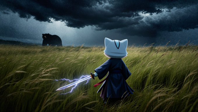 A small white cat-like figure in a dark cloak wields an electrified sword in a grassy field, facing a distant bear silhouette under stormy skies—evoking the stillness before a bold move, fitting the "accumulate when things are quiet" sentiment.