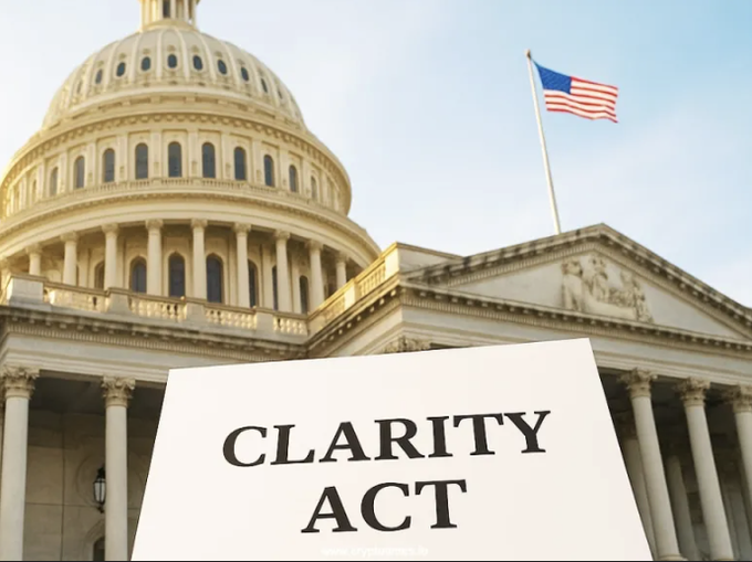 The image shows the U.S. Capitol building with an American flag flying, overlaid with a white sign reading "CLARITY ACT." It visually reinforces the post's message about potential cryptocurrency legislation, illustrating the Congressional setting where the CLARITY Act would be debated as the CFTC signals readiness to regulate digital assets independently.